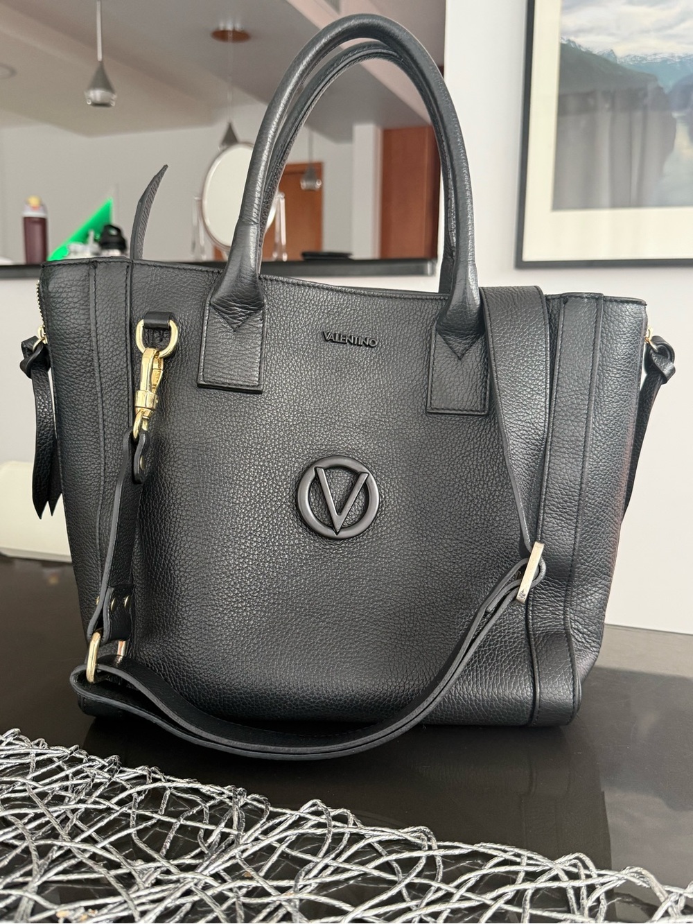 Mario Valentino Black V Logo Tote Bag w/ Shoulder Strap